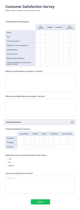 Customer Satisfaction Survey Form Template