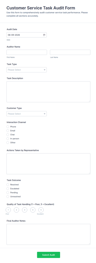 Customer Service Task Audit Form Template