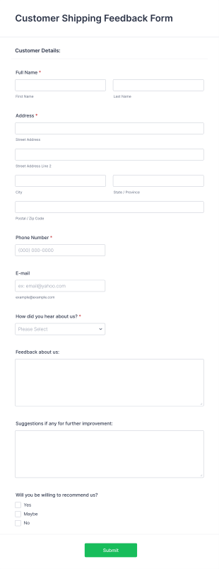 Customer Shipping Feedback Form Template