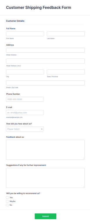 Customer Shipping Feedback Form Template