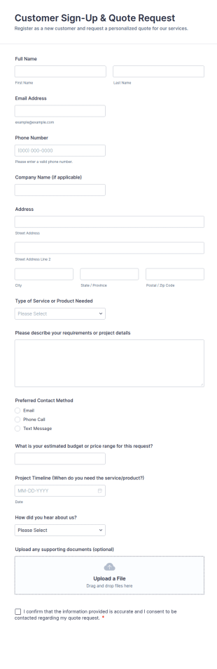 Customer Sign Up & Quote Request Form Template