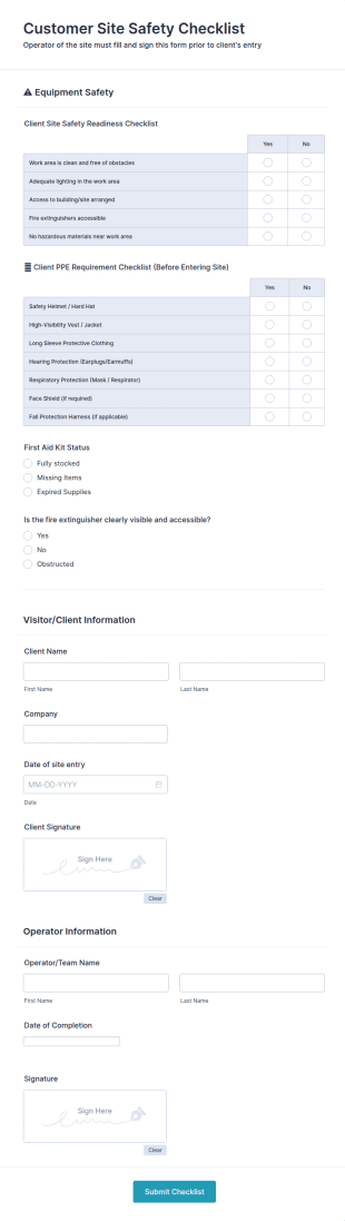 Customer Site Safety Checklist Form Template