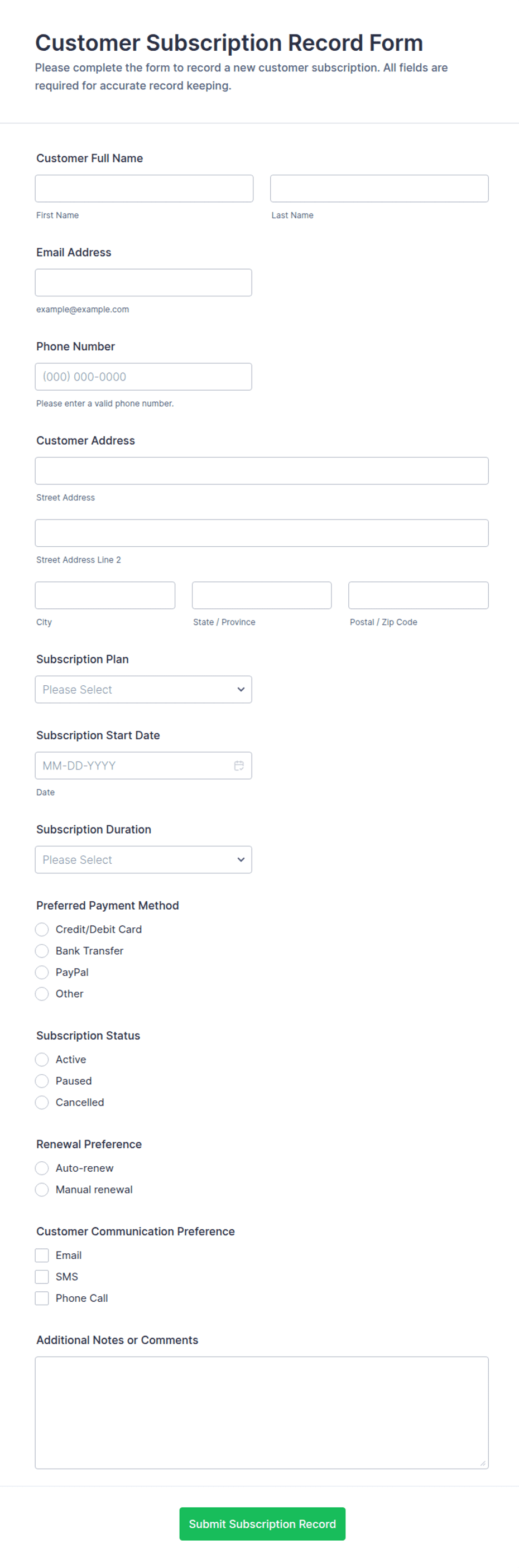 Customer Subscription Record Form Template | Jotform