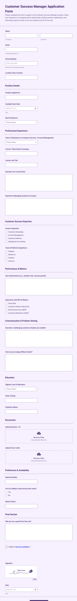 Customer Success Manager Application Form Template