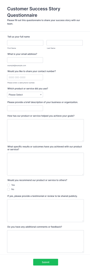 Customer Success Story Questionnaire Form Template