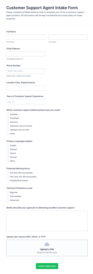 Customer Support Agent Intake Form Template