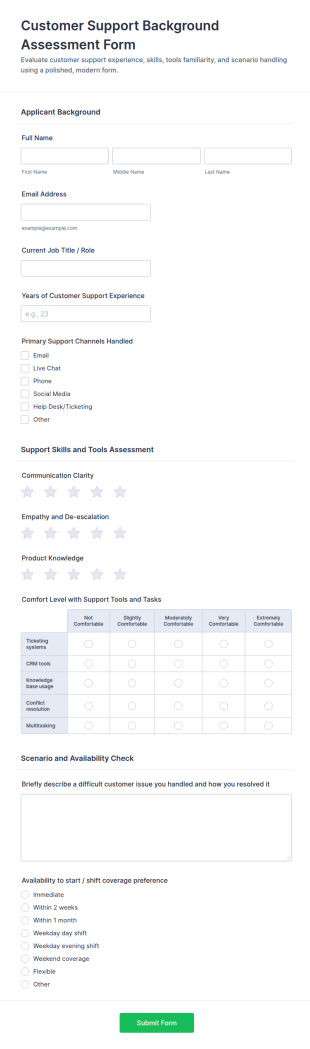 Customer Support Background Assessment Form Template