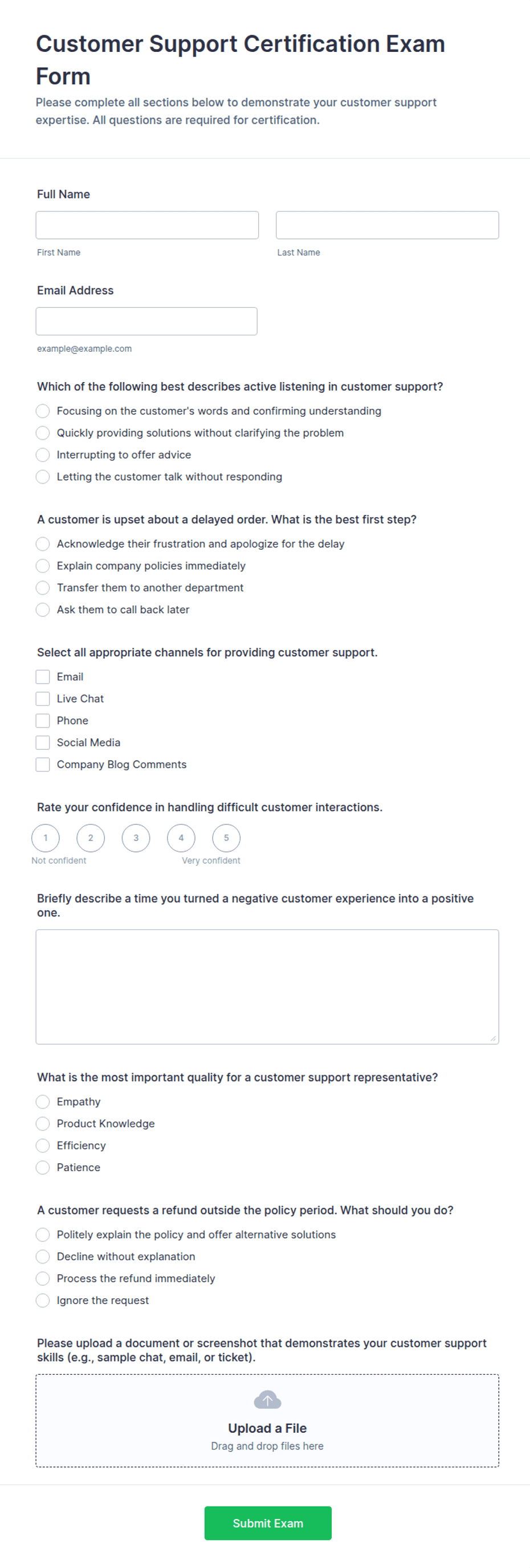 Customer Support Certification Exam Form Template | Jotform