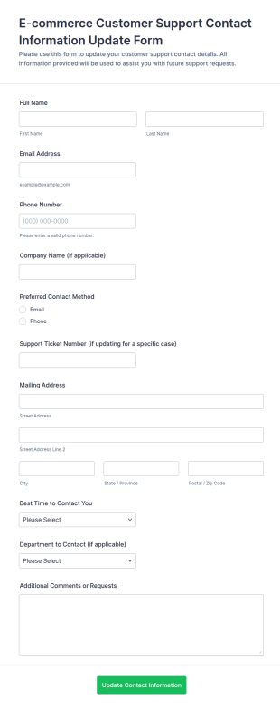 Customer Support Contact Information Update Form Template