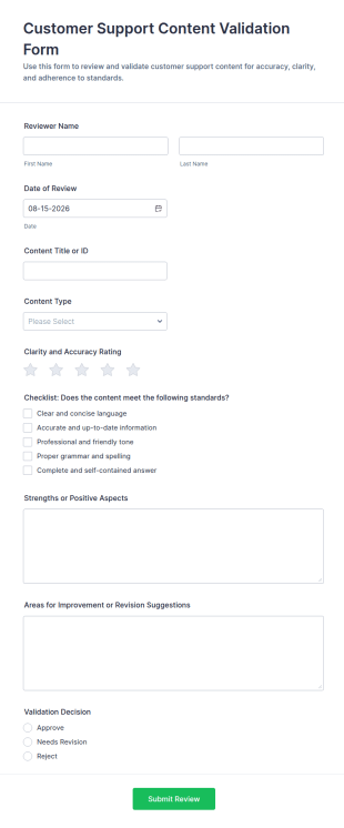 Customer Support Content Validation Form Template