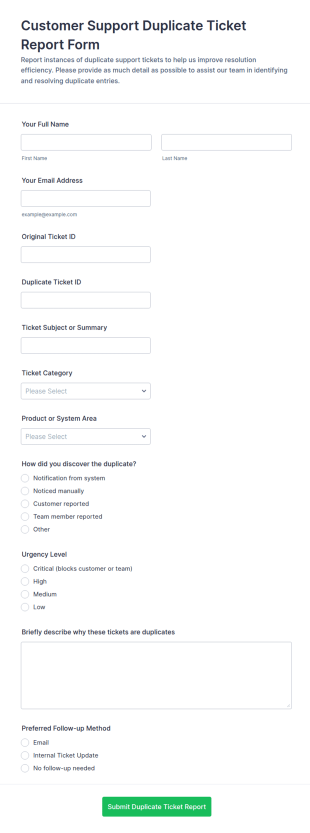 Customer Support Duplicate Ticket Report Form Template