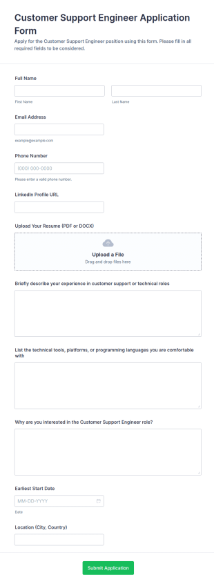 Customer Support Engineer Application Form Template
