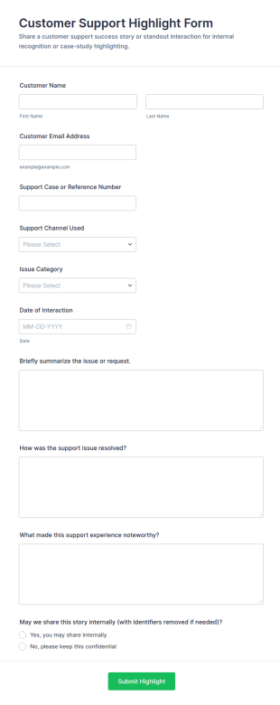 Customer Support Highlight Form Template