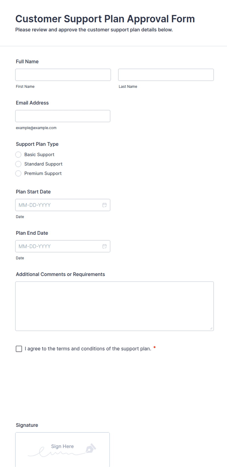 Customer Support Plan Approval Form Template | Jotform