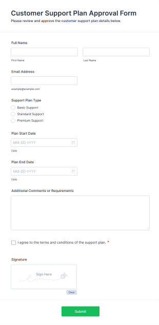 Customer Support Plan Approval Form Template