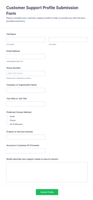 Customer Support Profile Submission Form Template