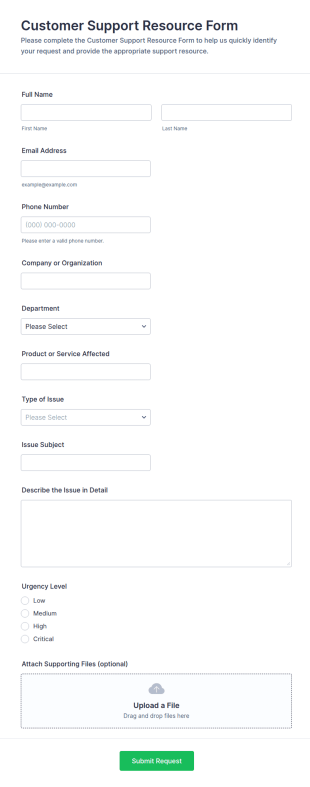 Customer Support Resource Form Template