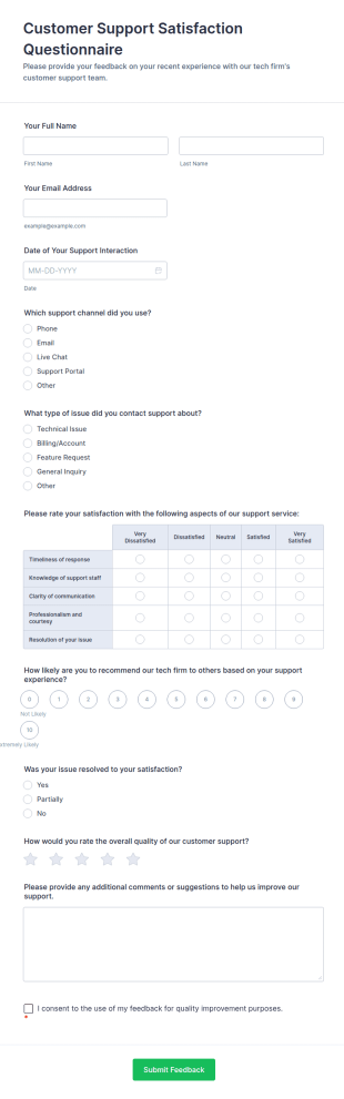 Customer Support Satisfaction Questionnaire Form Template