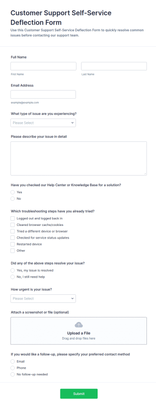 Customer Support Self Service Deflection Form Template