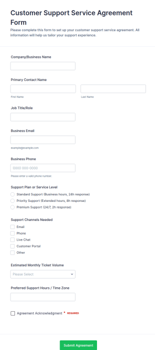 Customer Support Service Agreement Form Template