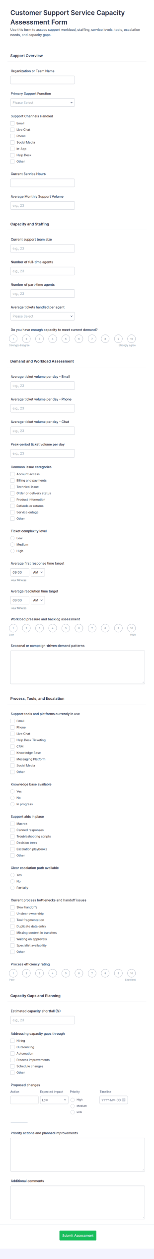 Customer Support Service Capacity Assessment Form Template
