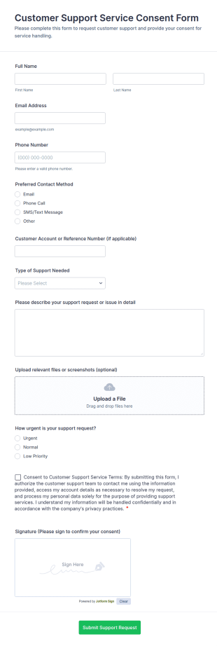 Customer Support Service Consent Form Template