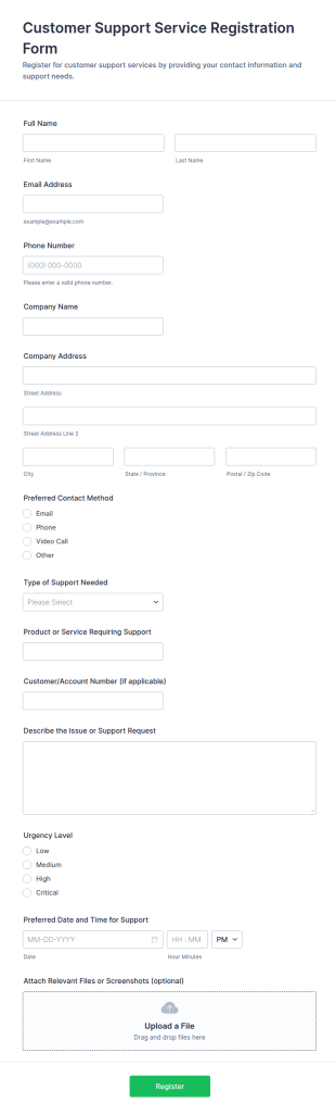 Customer Support Service Registration Form Template
