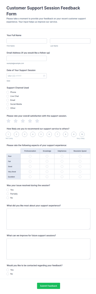 Customer Support Session Feedback Form Template