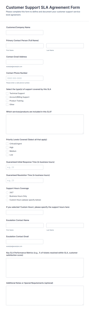 Customer Support SLA Agreement Form Template