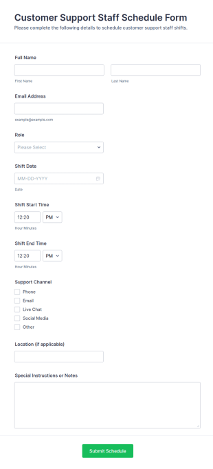 Customer Support Staff Schedule Form Template