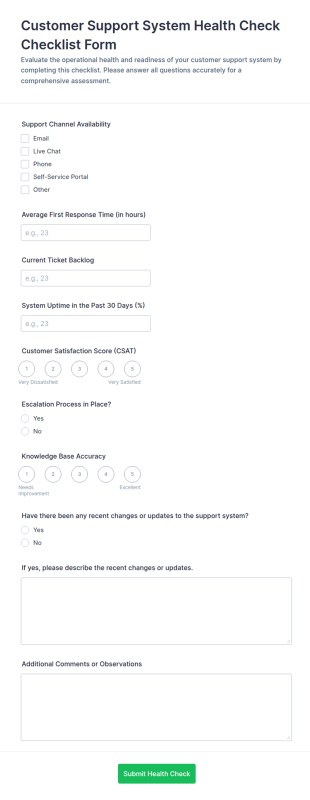 Customer Support System Health Check Form Template