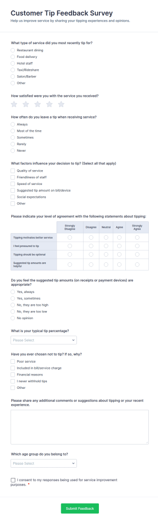 Customer Tip Feedback Survey Form Template