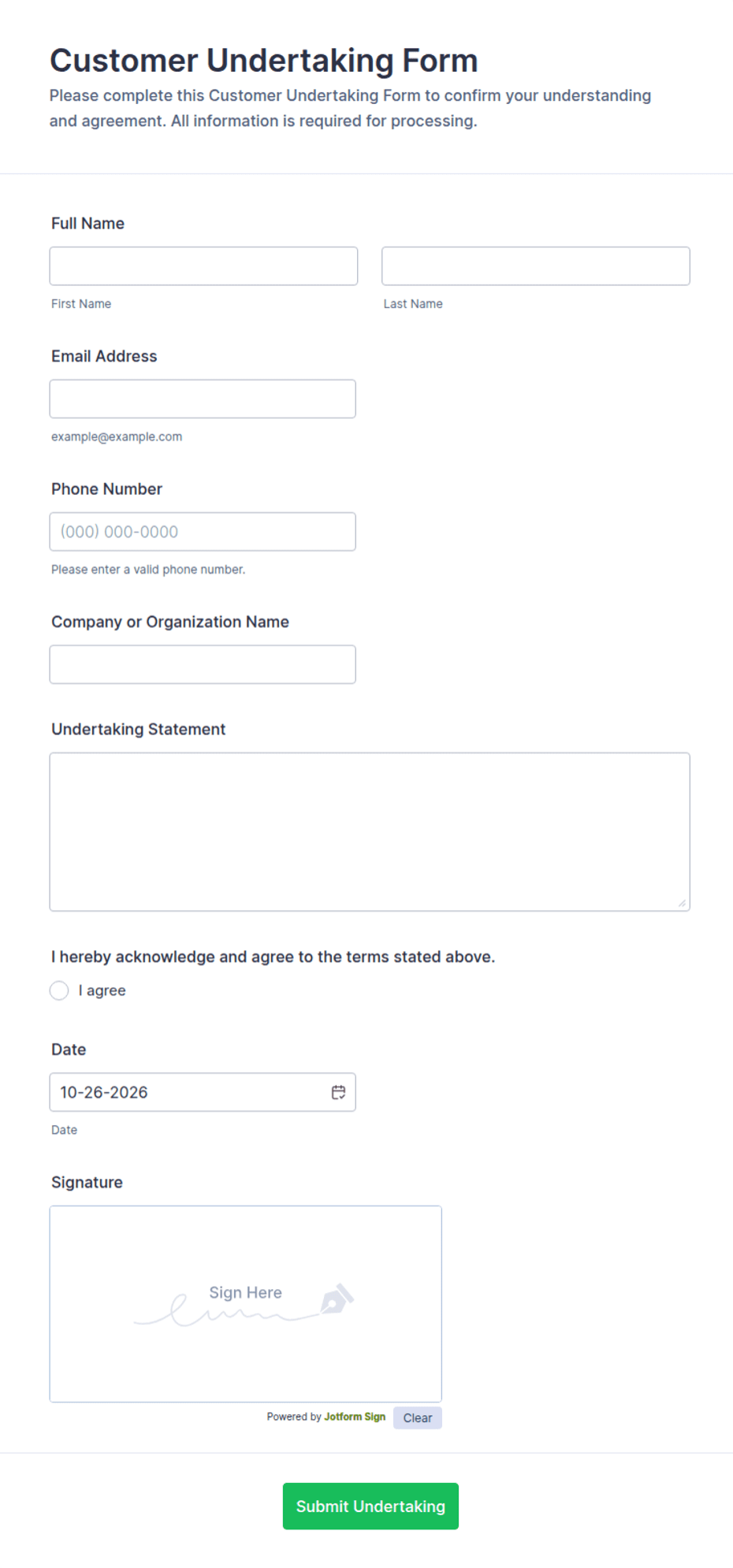 Customer Undertaking Form Template | Jotform