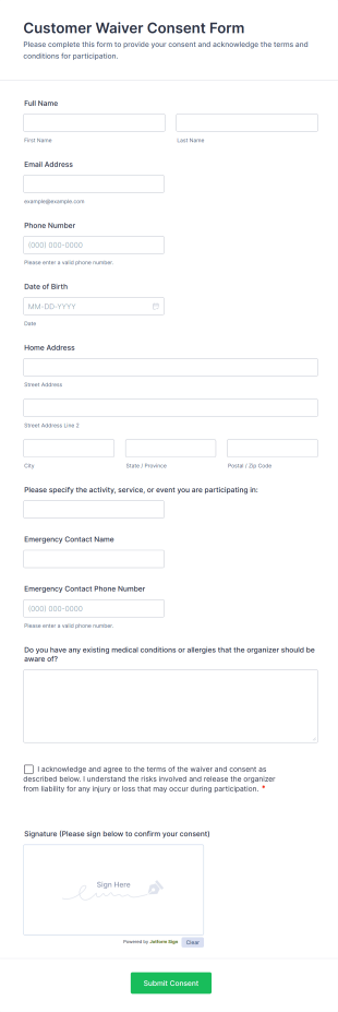 Customer Waiver Consent Form Template