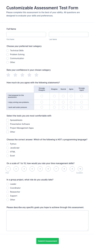 Customizable Assessment Test Form Template