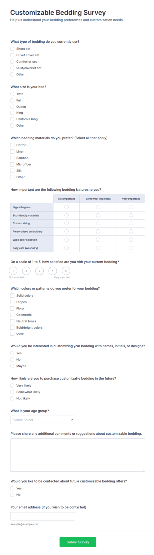 Customizable Bedding Survey Form Template
