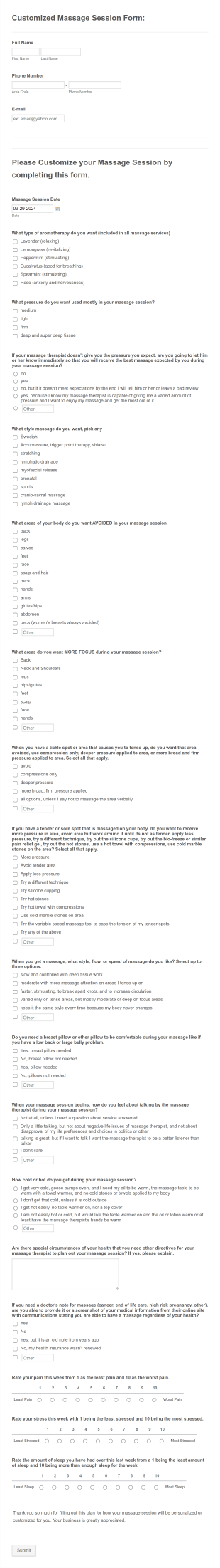 Customization Of Massage Session Form Template