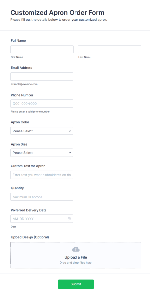Customized Apron Order Form Template