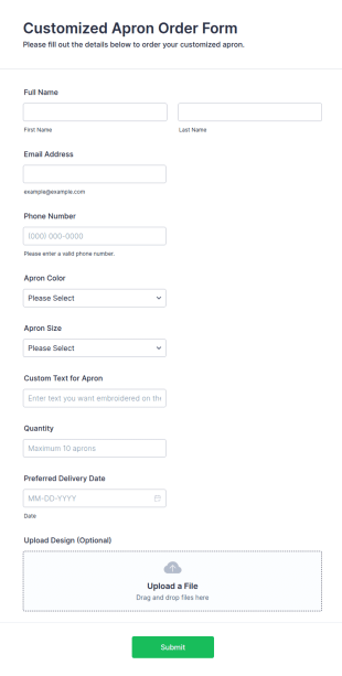 Customized Apron Order Form Template