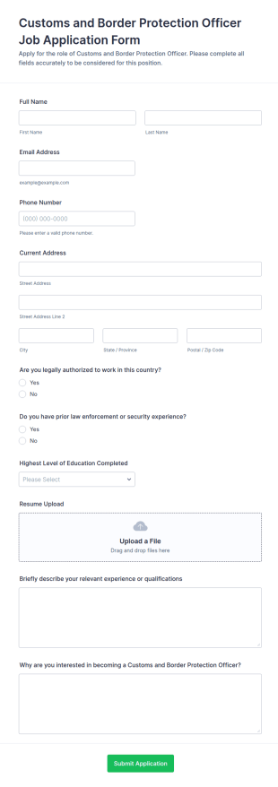 Customs And Border Protection Officer Job Application Form Template