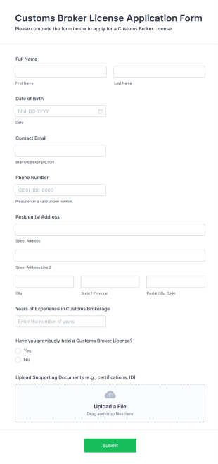 Customs Broker License Application Form Template