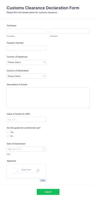Customs Clearance Declaration Form Template