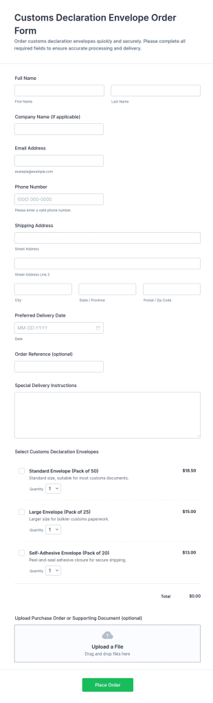 Customs Declaration Envelope Order Form Template