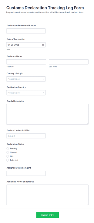 Customs Declaration Tracking Log Form Template