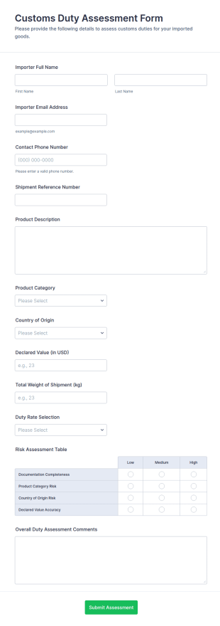 Customs Duty Assessment Form Template
