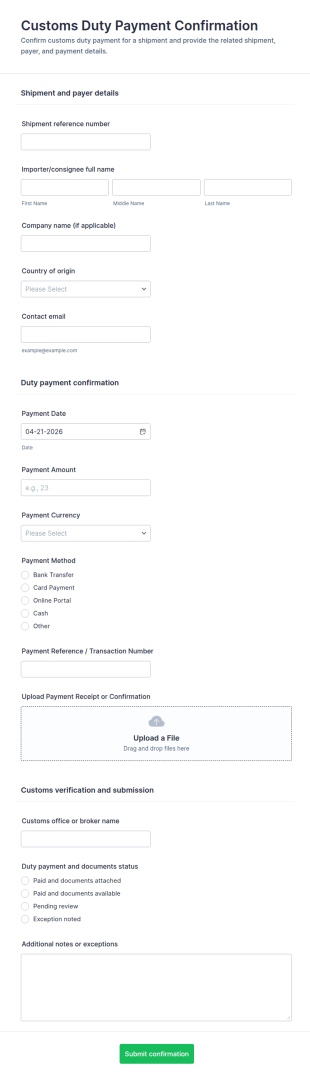 Customs Duty Payment Confirmation Form Template