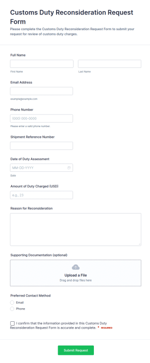 Customs Duty Reconsideration Request Form Template
