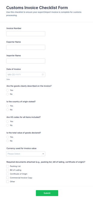 Customs Invoice Checklist Form Template