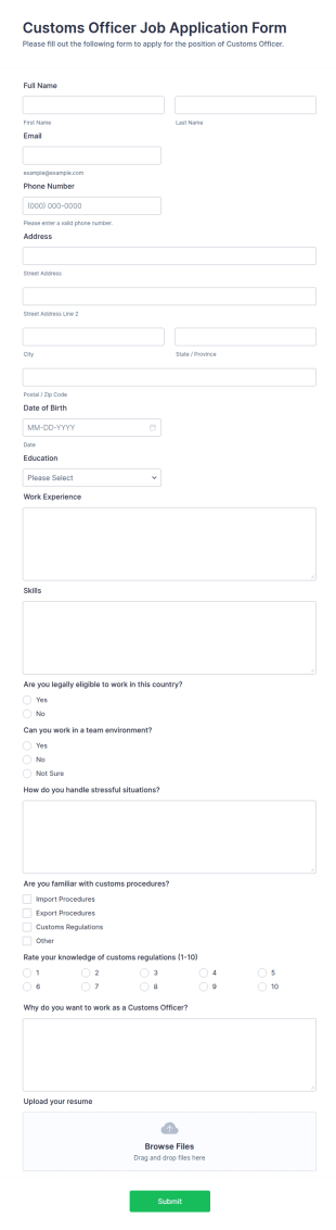Customs Officer Job Application Form Template