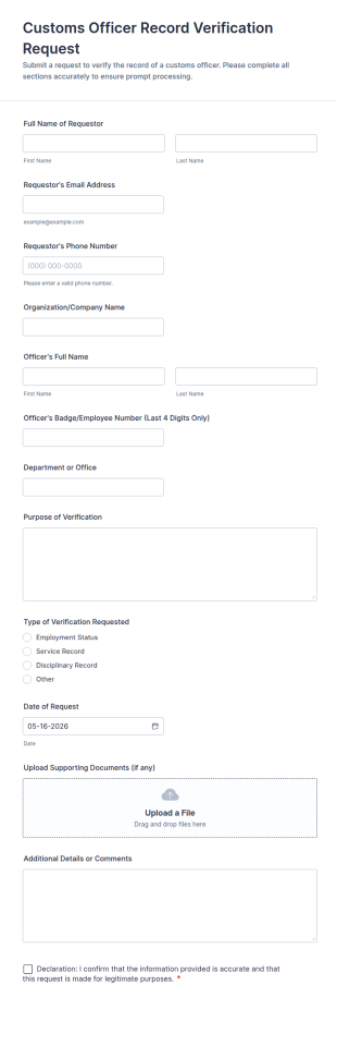 Customs Officer Record Verification Request Form Template